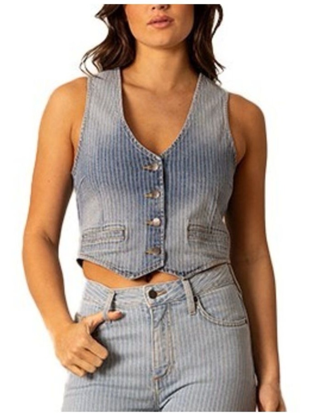Celebrity Pink Light Blue Striped Denim Button Vest